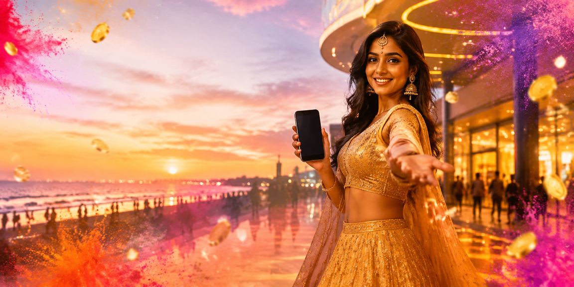 Chennai Marina Beach with casino app advertisement overlay reflecting responsible gaming culture